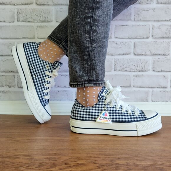 ⭐Converse Chuck Taylor Lift Platform Gingham 9.5 Women Shoes Navy white A13664C - Picture 2 of 14